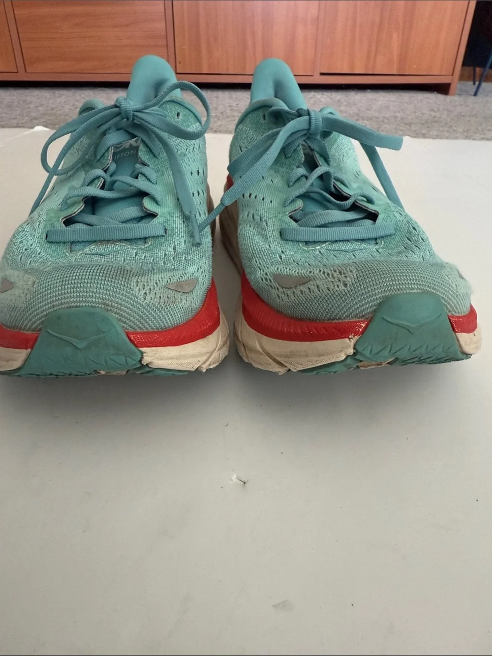 Hoka Women's Light Teal and Red Running Shoes size 9B